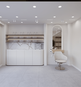 One-stop Nail Salon station Turnkey Solution, Modern White Minimalist Salon station Design with Shampoo Station reception desk